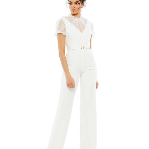 Mac Duggal Pants - Mac Duggal 26621 White Belted Illusion High Neck Cap Sleeve Jumpsuit Size 2